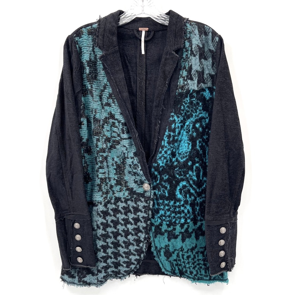 FREE PEOPLE Women's S Black/Teal Better Together 1-Button Cardigan Blazer Jacket